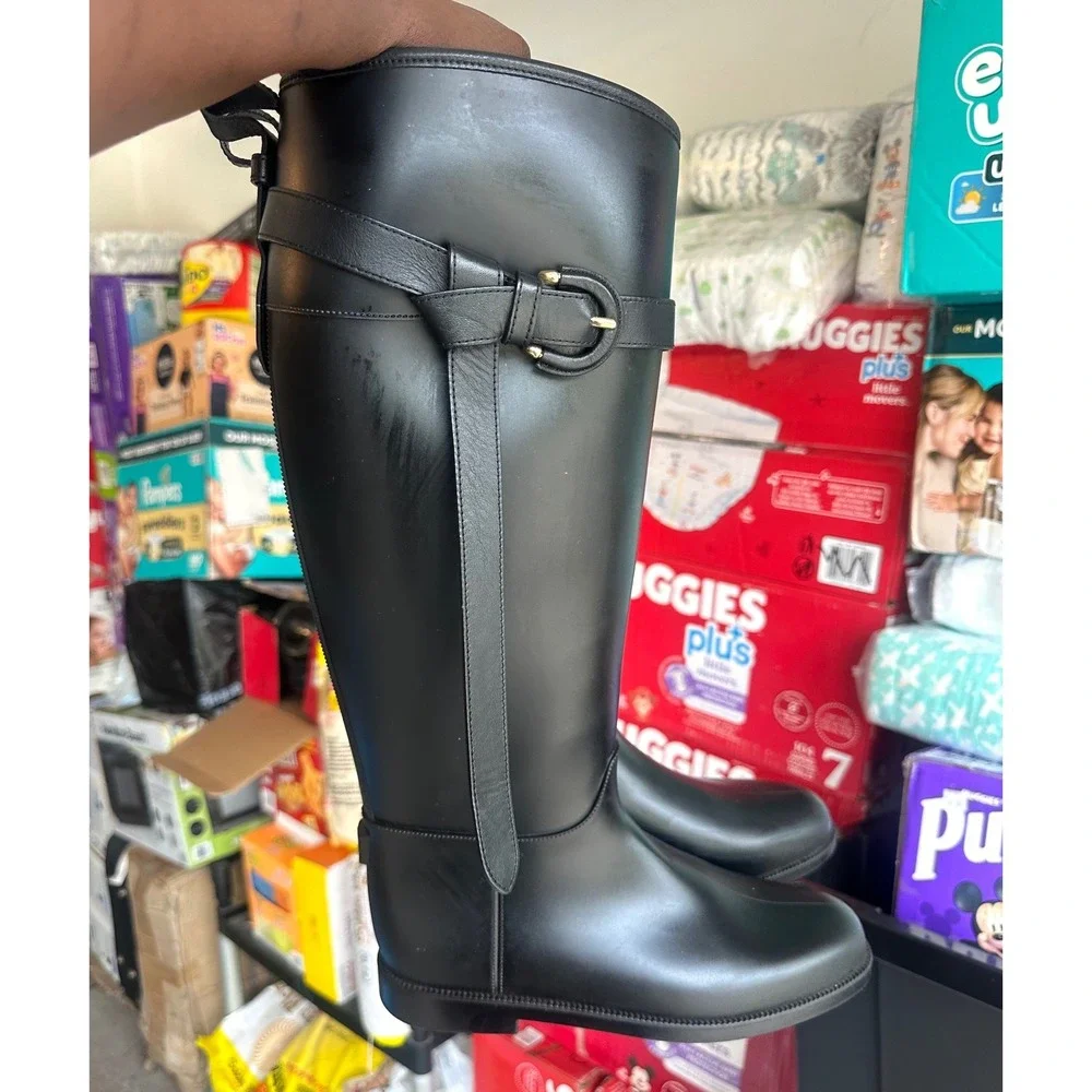 Burberry Black Rubber Rain‎ Boots Check Lined Buckle Strap Riding Boots Size 40